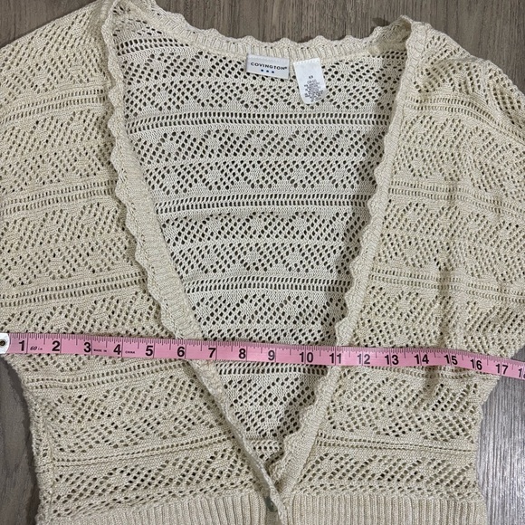 Covington V-Neck Beige Glitter Cardigan Sweater 3/4 Sleeves Sz M Scalloped Trim - Picture 8 of 12